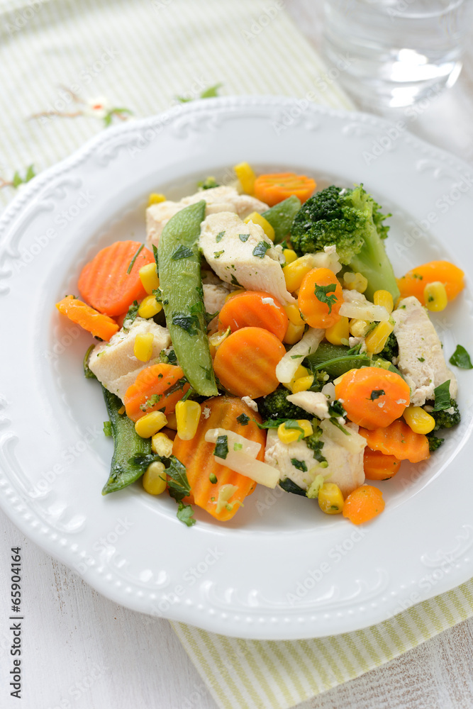 Fried vegetables with pieces of chicken breast Fried vegetables with pieces of chicken breast