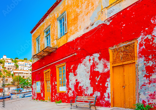 traditional house at kamini port in Hydra island in Greece photo