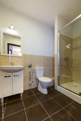 Modern bathroom with sinks  toilet and shower.