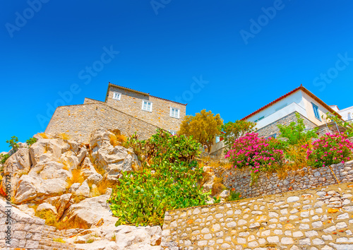 traditional house over the main port of Hydra island in Greece photo