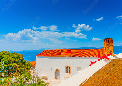 old beautiful buildings and houses in Hydra island in Greece