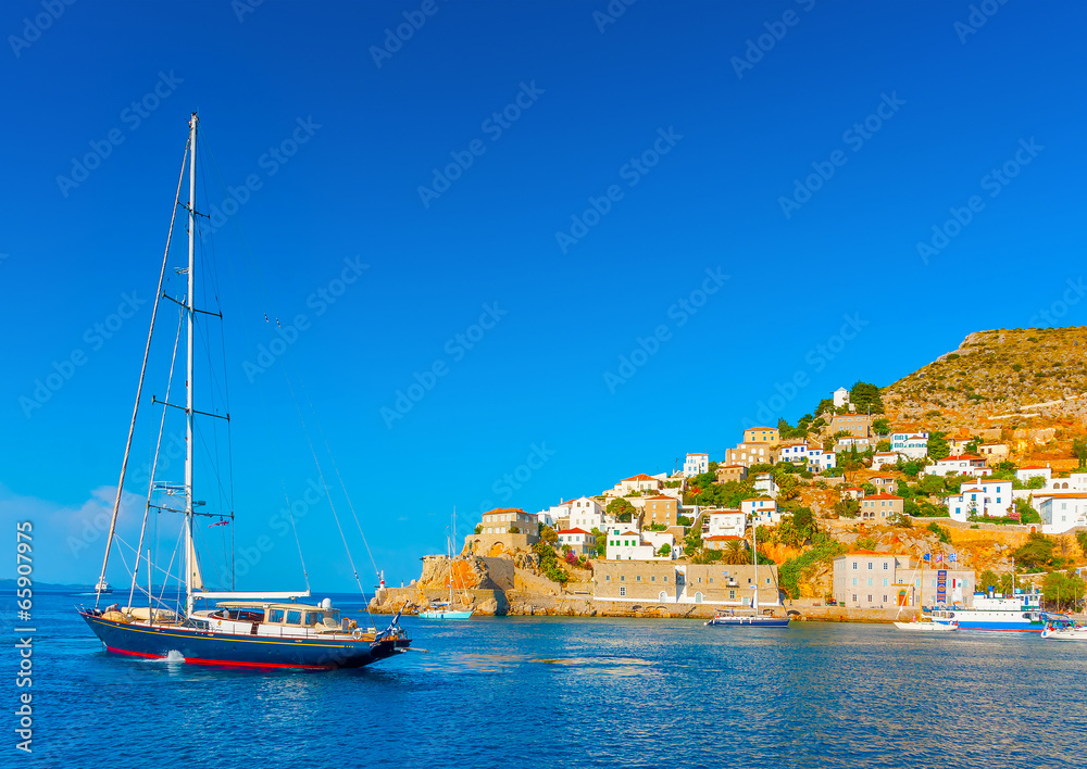 beautiful sailing yacht in the port of Hydra island in Greece