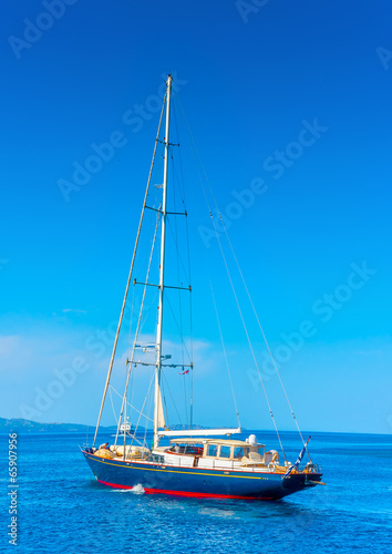beautiful sailing yacht in the port of Hydra island in Greece