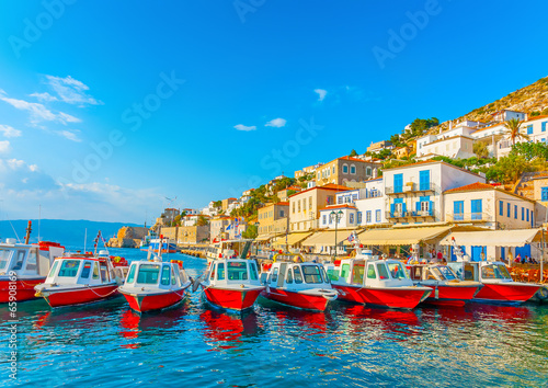 traditional taxi boats in the port of Hydra island in Greece