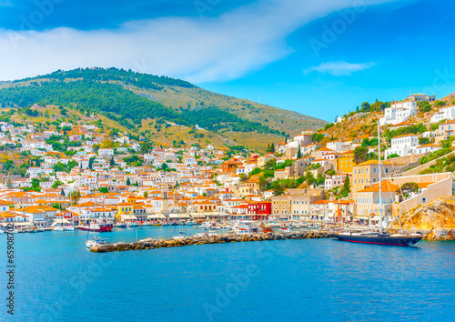 The beautiful old main port of Hydra island in Greece