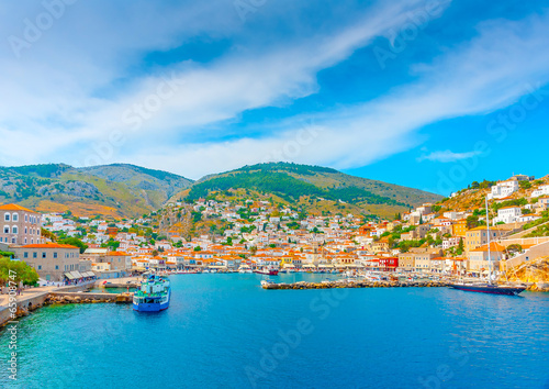 The beautiful old main port of Hydra island in Greece
