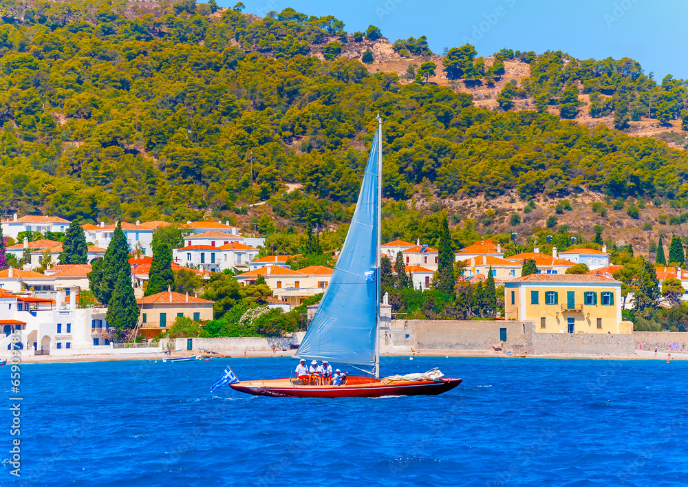 Fototapeta premium Old classic wooden sailing boat in Spetses island in Greece