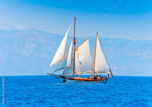 classic wooden sailing boat in Spetses island in Greece