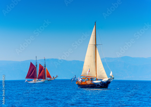 Old wooden Greek boat (Kaiki) in Spetses island in Greece