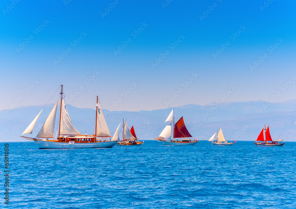 Fototapeta premium several classic sailing boats in Spetses island in Greece