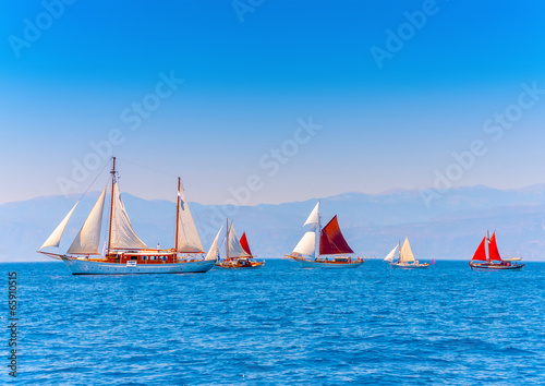 several classic sailing boats in Spetses island in Greece