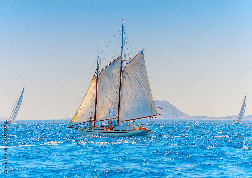 Naklejka premium Classic wooden racing sailing boat in Spetses island in Greece