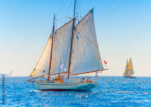 Classic wooden racing sailing boat in Spetses island in Greece