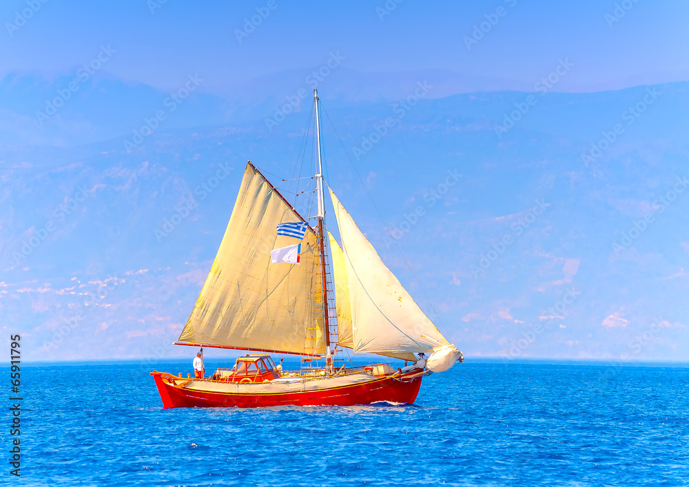 Fototapeta premium Old classic wooden sailing boat, in Spetses island in Greece