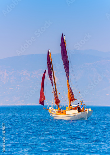 Old classic wooden sailing boat, in Spetses island in Greece