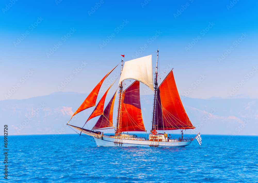 Fototapeta premium Old classic wooden sailing boat in Spetses island in Greece