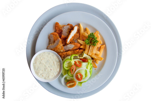 Chicken strips and fries combo on white background