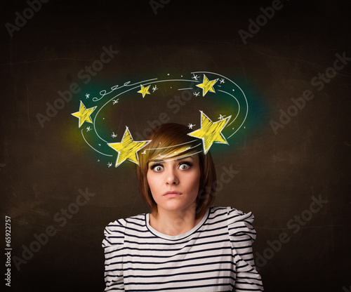 girl with yellow stars circleing around her head illustration