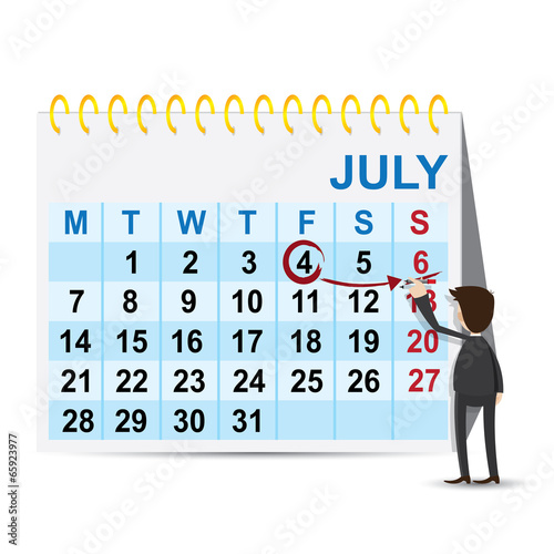 cartoon businessman marking weekend on calendar