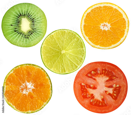 Kiwi fruit, lemon, orange, tomato isolate on white background