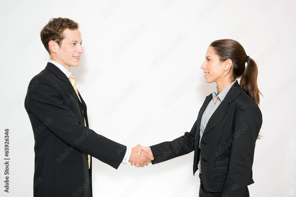 Bushiness dressed male and female shaking hands. Bushiness dressed male and female shaking hands.
