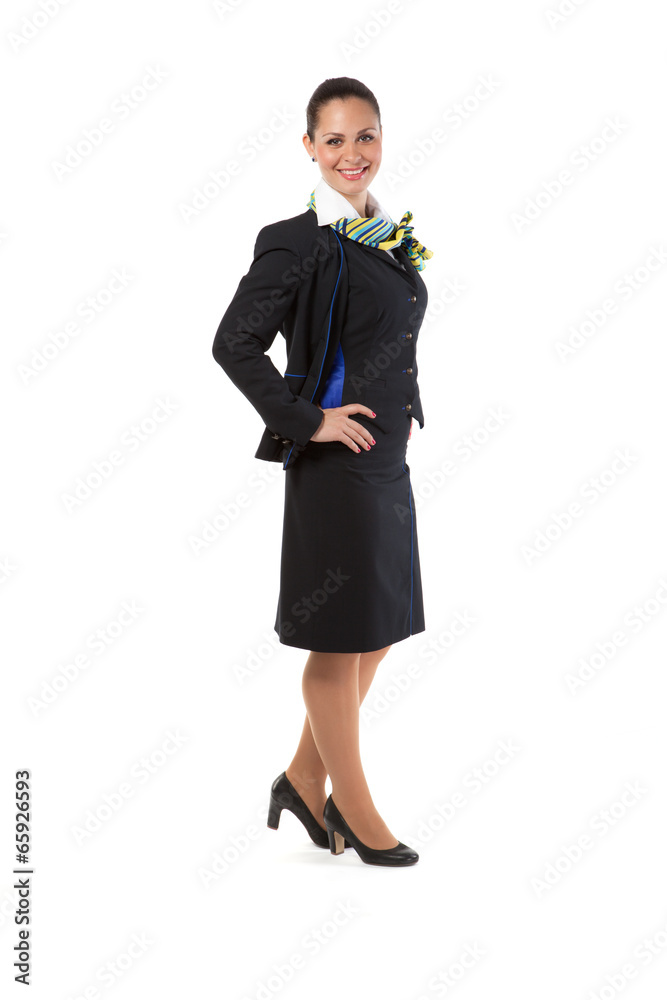 Full body flight attendant standing isolated on a white Full body flight attendant standing isolated on a white