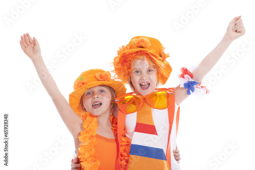 two girls in orange outfit cheering