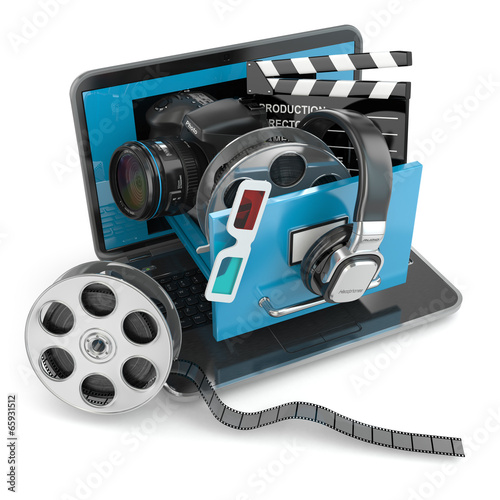 Multimedia concept. Laptop, camera , headphones and video attrib