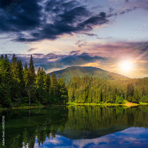 pine forest and lake near the mountain at sunset