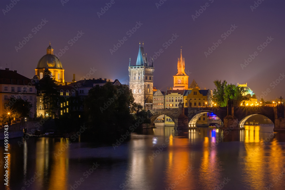 The River Vltava and Charles bridge at Night, Prague