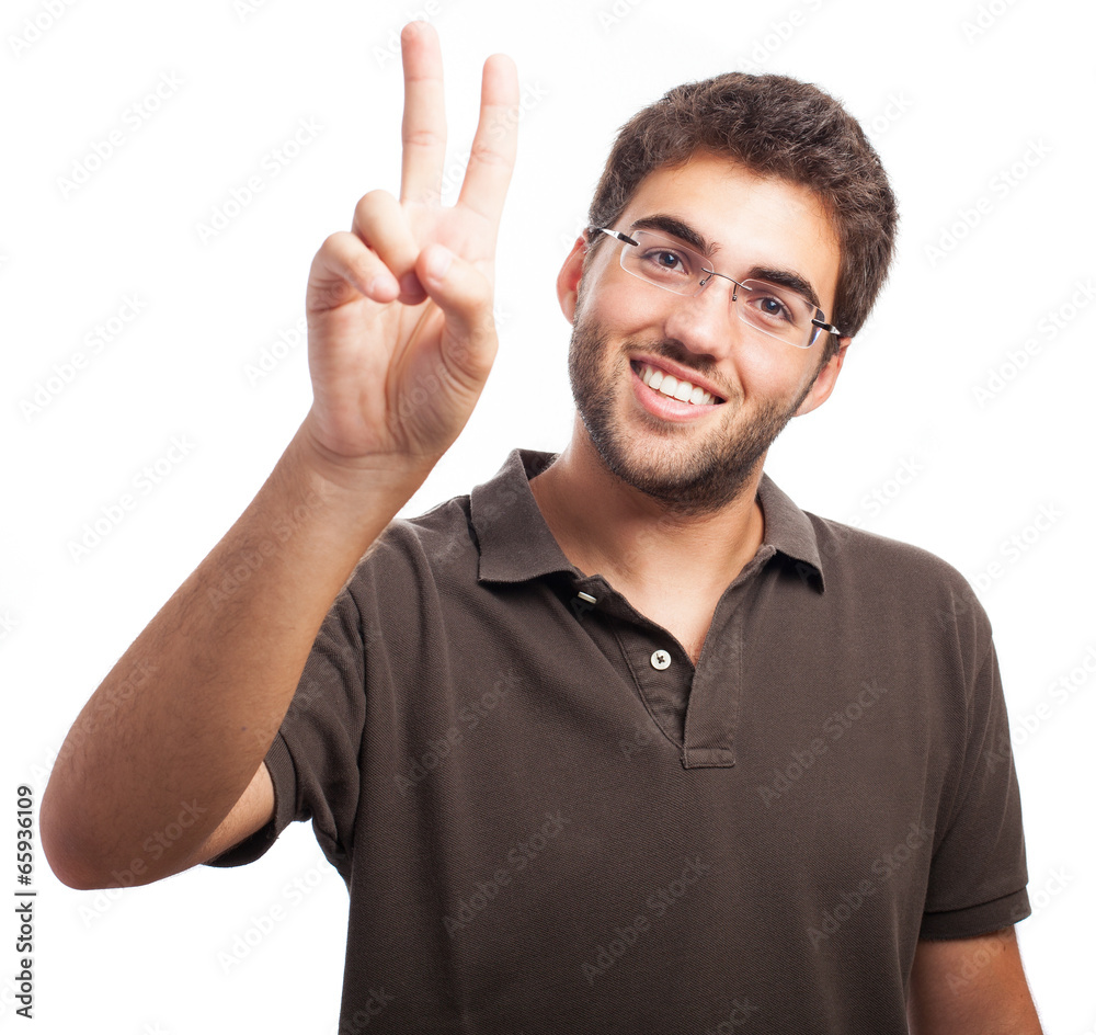 man doing victory symbol on a white background man doing victory symbol on a white background