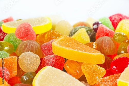 Colorful fruity candies and jelly close up