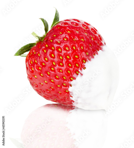 juicy strawberries with cream on the white background