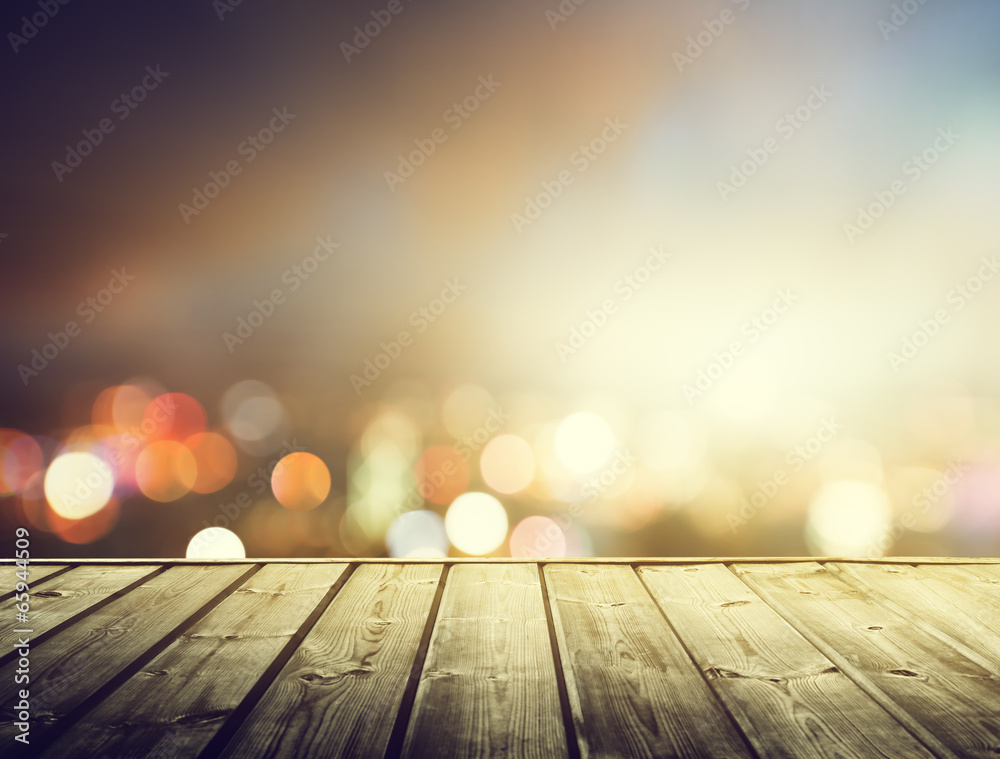 Fototapeta premium wooden platform and lights of night Hong Kong