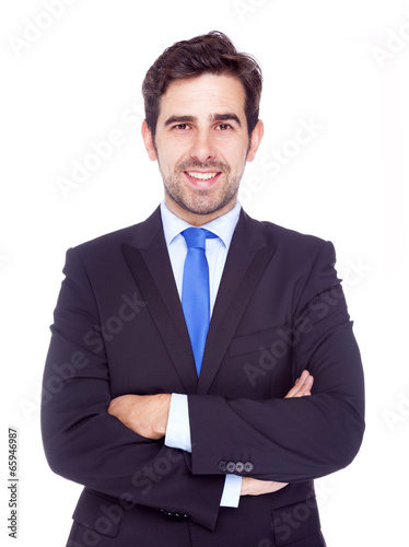 Portrait of happy smiling business man, isolated on a white back