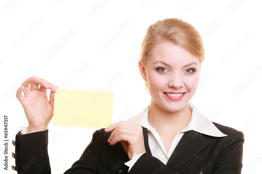 Ad. Businesswoman holding blank copy space card Ad. Businesswoman holding blank copy space card