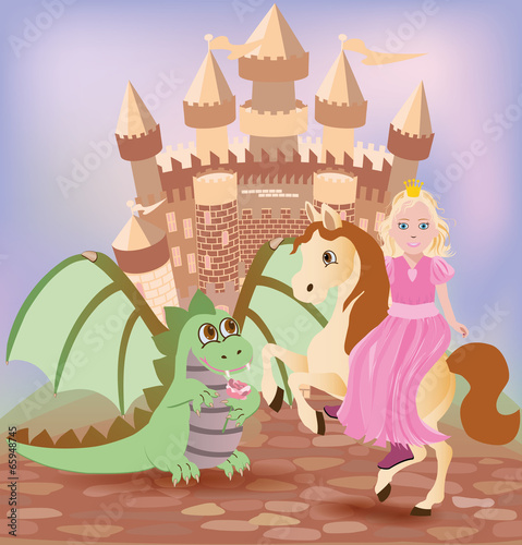 Little princess and cute dragon, vector illustration