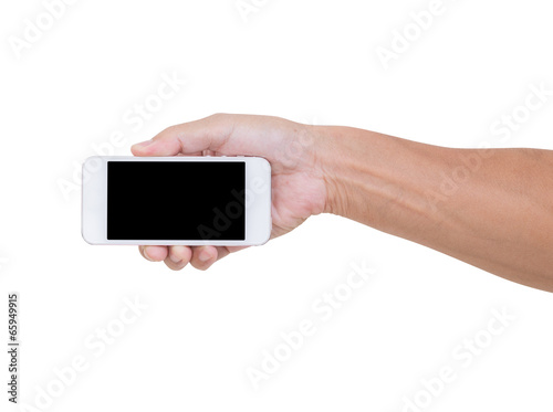 Man hand holding smartphone isolated on white background, clippi