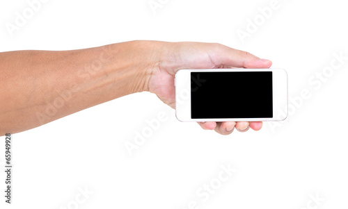 Man hand holding smartphone isolated on white background, clippi