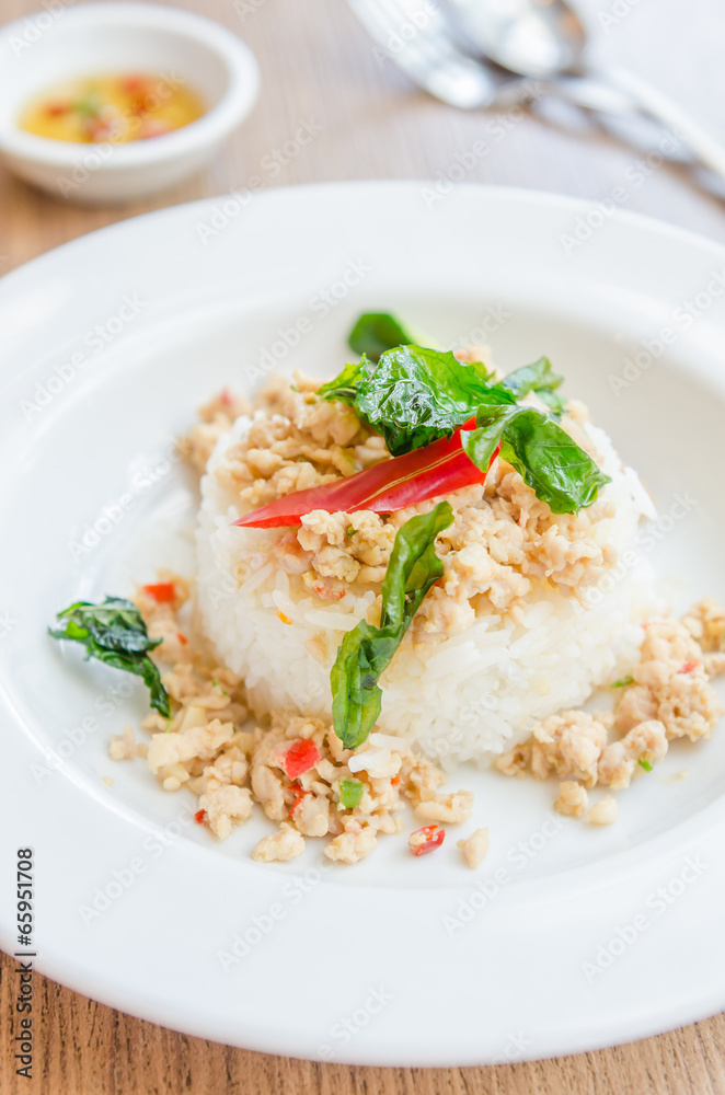 Spicy fried chicken with basil and rice Spicy fried chicken with basil and rice