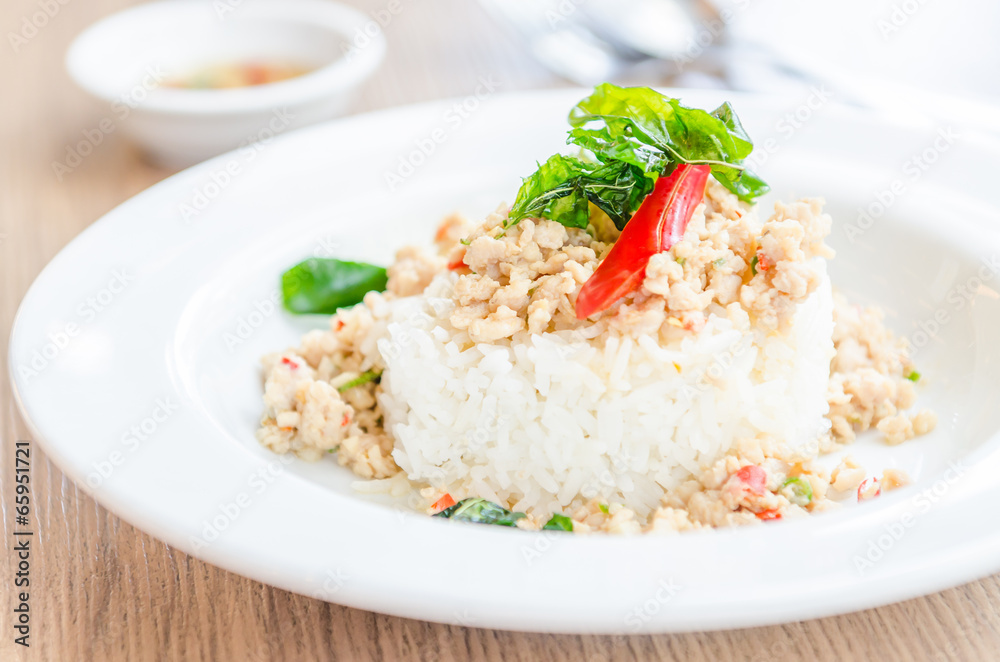 Spicy fried chicken with basil and rice Spicy fried chicken with basil and rice