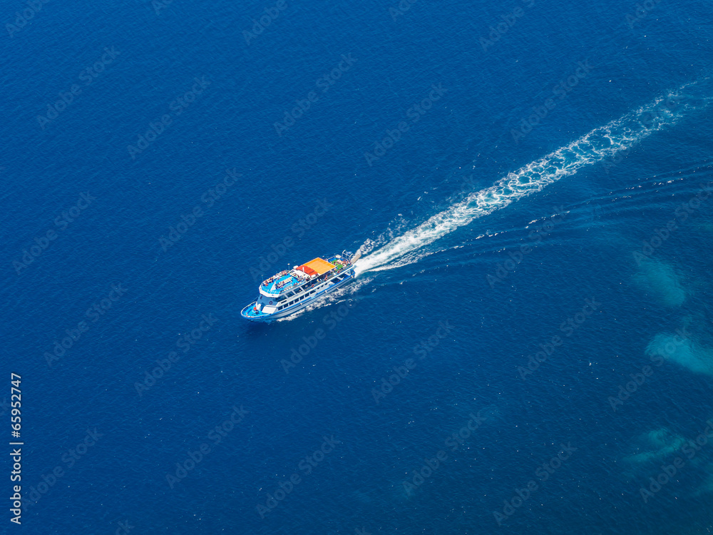 Aerial view of ferry boat in open waters in Greece