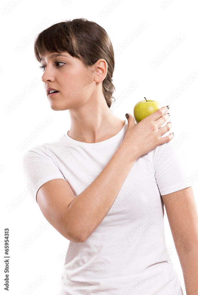Isolated beautiful caucasian girl holding apple. Isolated beautiful caucasian girl holding apple.