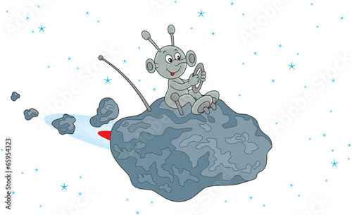 Funny alien flying on a small asteroid in space