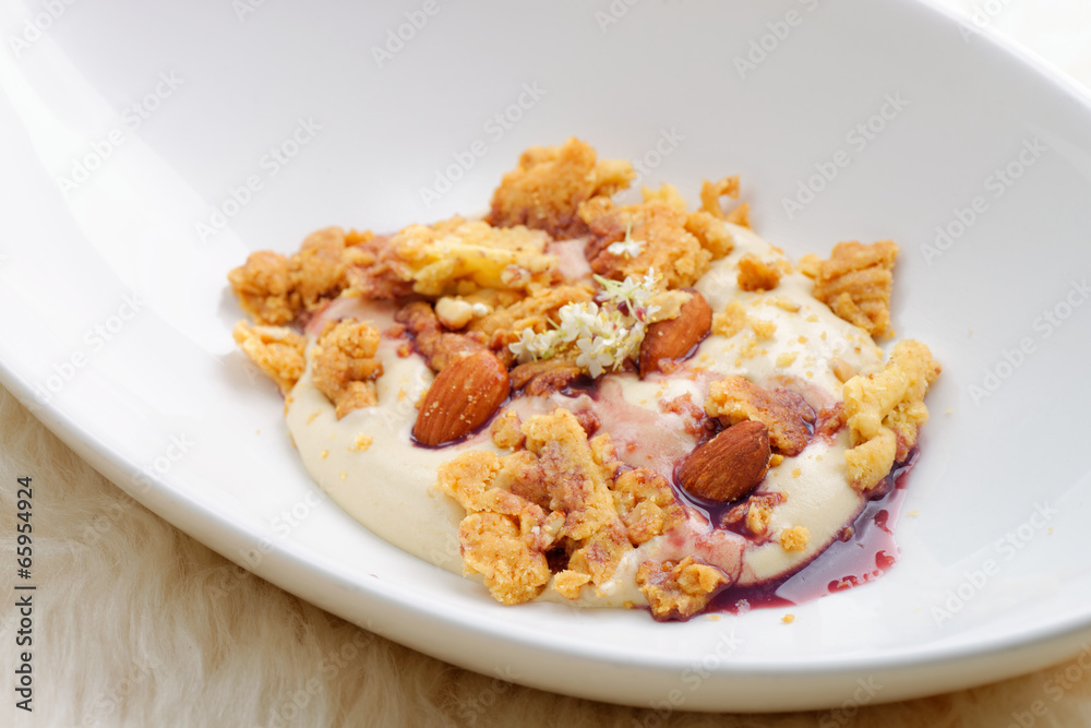 Modern style zabaglione Italian dessert with almonds Modern style zabaglione Italian dessert with almonds