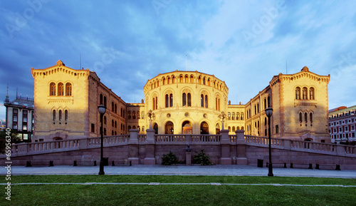 Oslo Stortinget Parliament at sunset, Norway