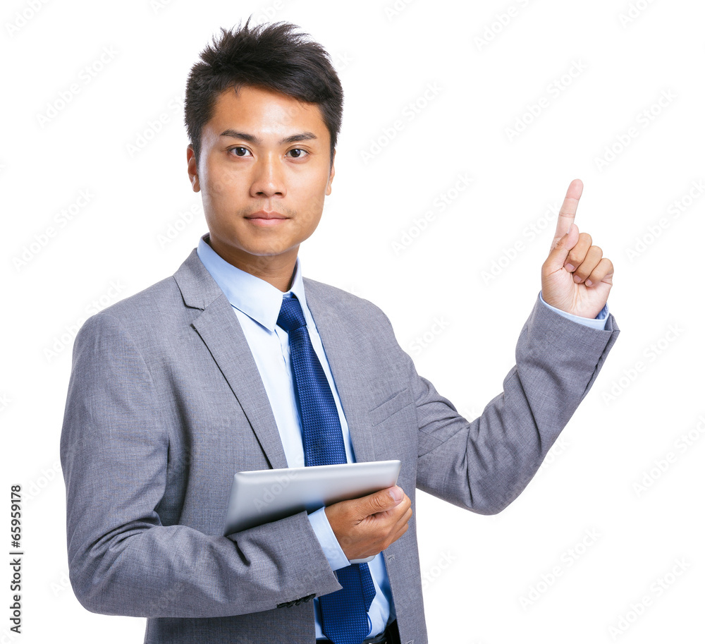 Business man with tablet and finger point up Business man with tablet and finger point up
