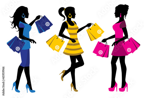 three elegant female silhouette with shopping bags