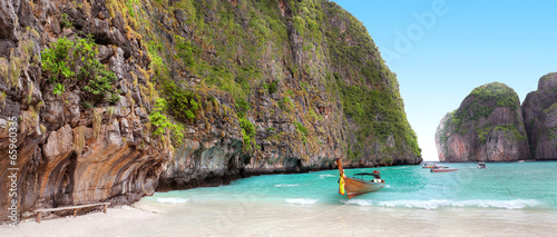 boat on sand of Maya bay Phi phi island