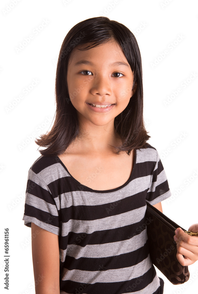 Young Asian Malay girl with a brown purse Young Asian Malay girl with a brown purse